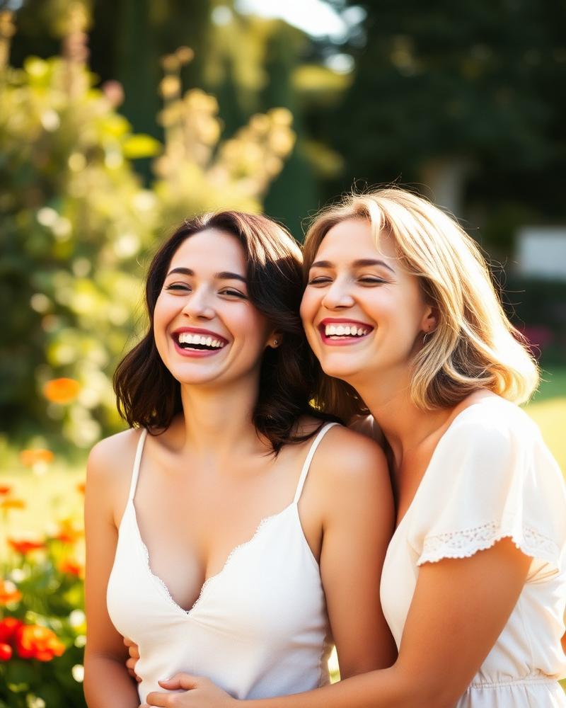 Two women laughing together in a sunlit garden